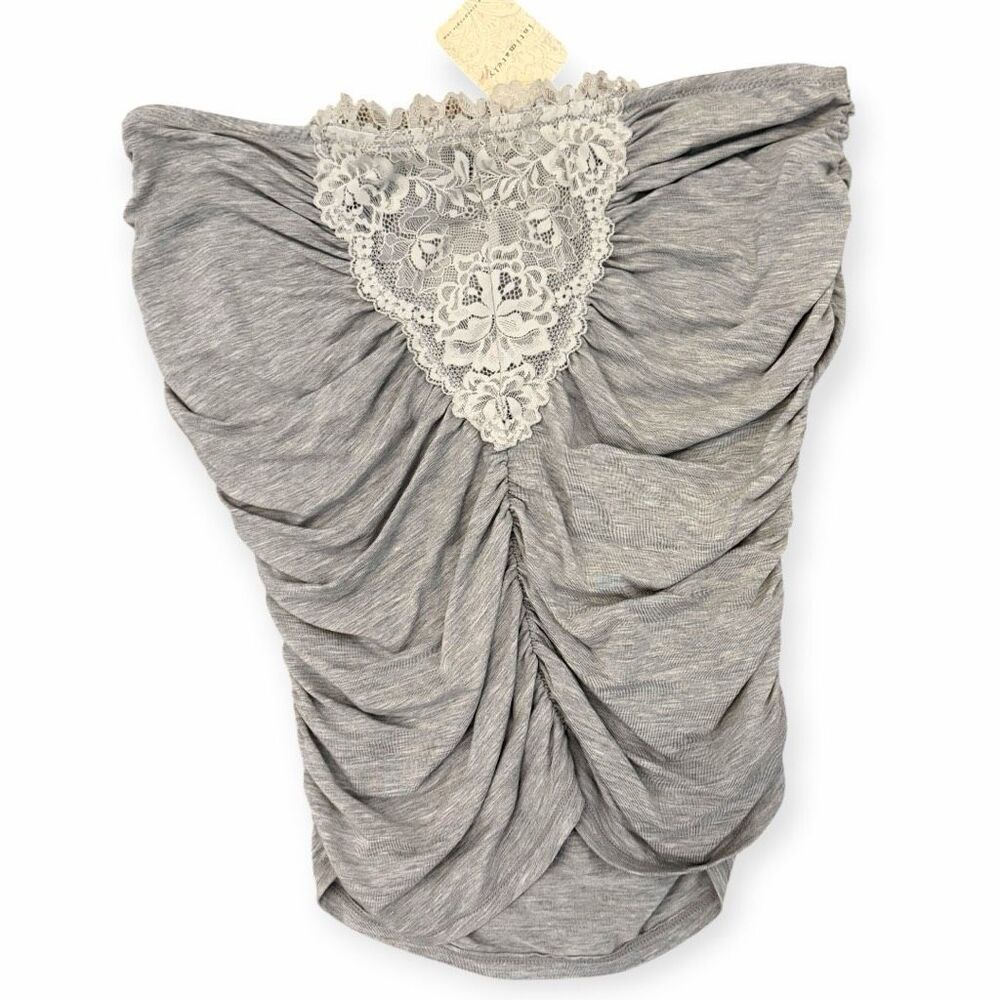 Free People Gray Ruched Tank with Cream Lace Trim